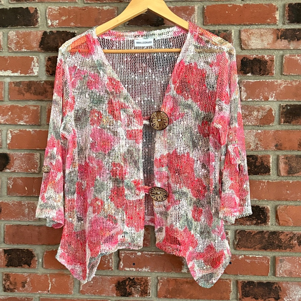 Nina Leonard Textured Floral Cottagecore Garden Summer Wrap Pink Sz L